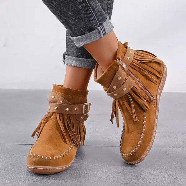Women's Fringe Ankle Boots with Warm Lining | Flat Moccasin Style Booties with Side Zip and Buckle Strap | Size 4-12