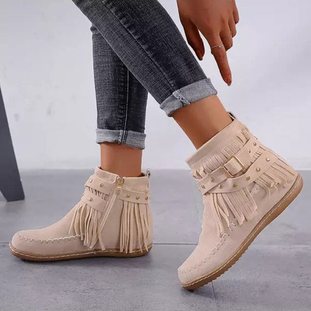 Women's Fringe Ankle Boots with Warm Lining | Flat Moccasin Style Booties with Side Zip and Buckle Strap | Size 4-12