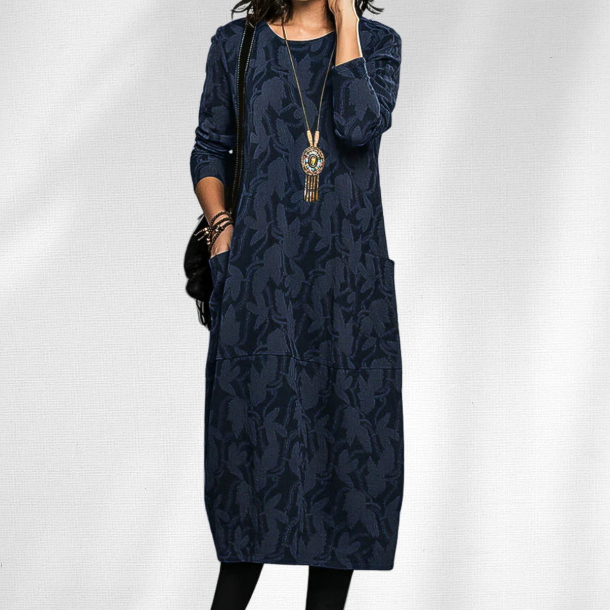 Women's Crewneck Winter Dress with Side Pockets | Relaxed Fit, Round Neckline, Floral Detailing | Sizes S-3XL
