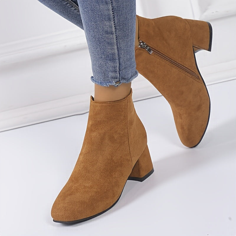 Women's Chelsea Ankle Boot | Low Block Heel, Side Zip, Round Toe, Suede-Look Finish | US 5.5-12 | 2 Colors