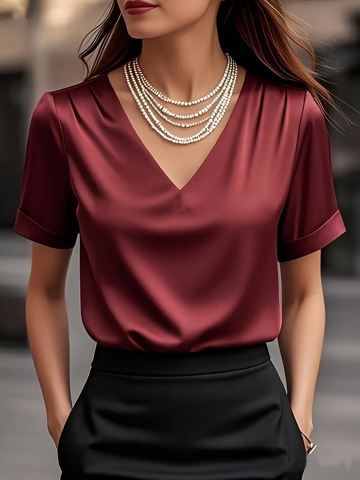 Women's Satin Blouse with V Neck and Short Sleeves | Relaxed Drape, Smooth Seams | Sizes XS to 3XL, 4 Colors