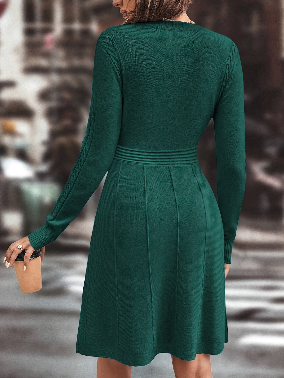 Women's A Line Sweater Dress with Fitted Waist | Cable and Ribbed Detail, Round Neck | Sizes S-2XL in Dark Green