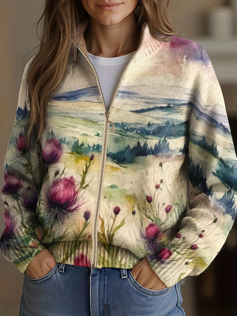 Women's Zip Up Knit Cardigan with Watercolor Thistle Print | Ribbed Stand Collar, Frayed Hem, Relaxed Fit | Size S-3XL