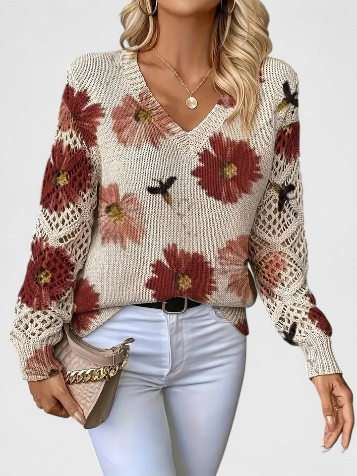 Women's Floral Knit Cardigan with V-Neck and Open Lattice Sleeves | Hip-Length Layering Sweater | Size S-2XL