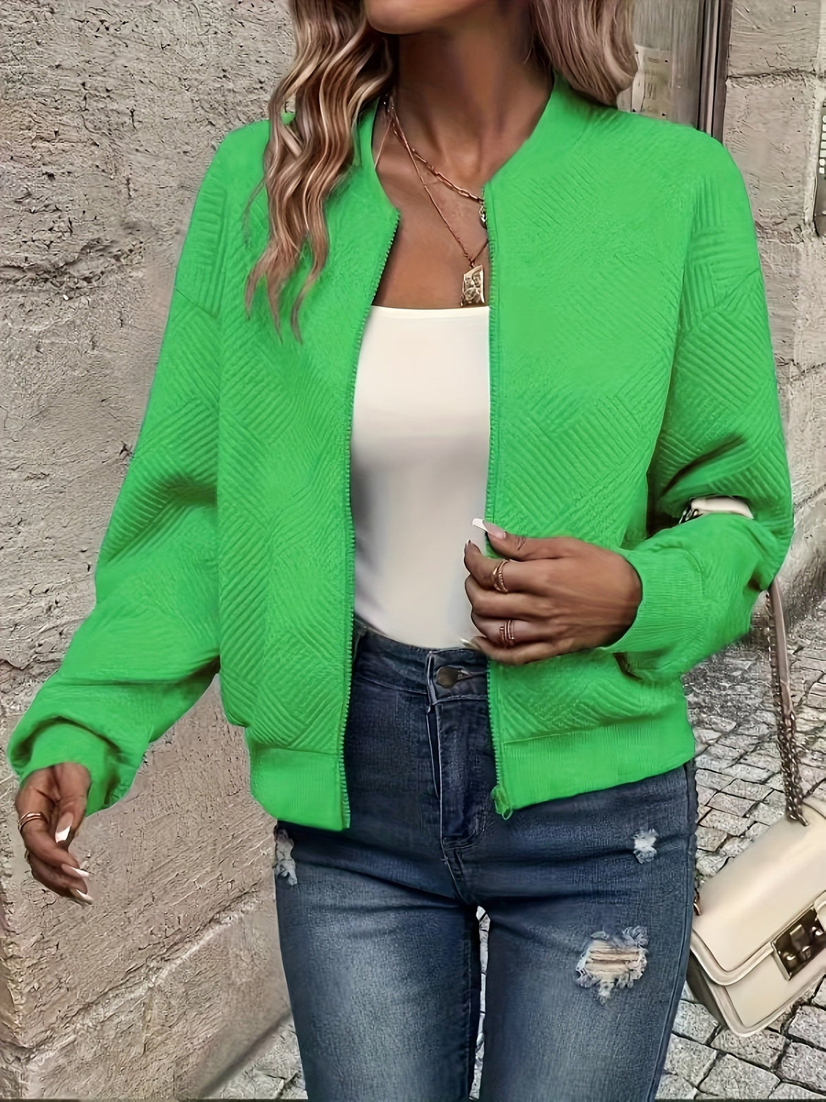 Women's Lightweight Zip-Up Jacket with Stand Collar | Waist Length, Stretch Polyester, Wrinkle Resistant | Size S-2XL