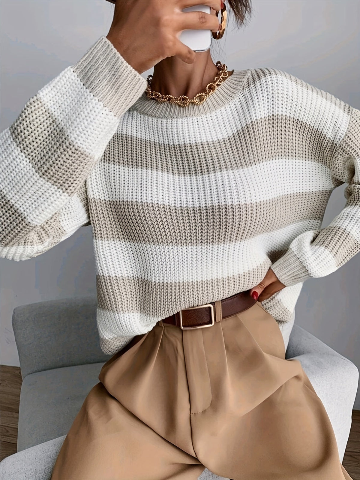 Women's Beige and White Striped Pullover Sweater | Soft, Warm Layer for Fall and Winter Cold Weather Days | Size S-L