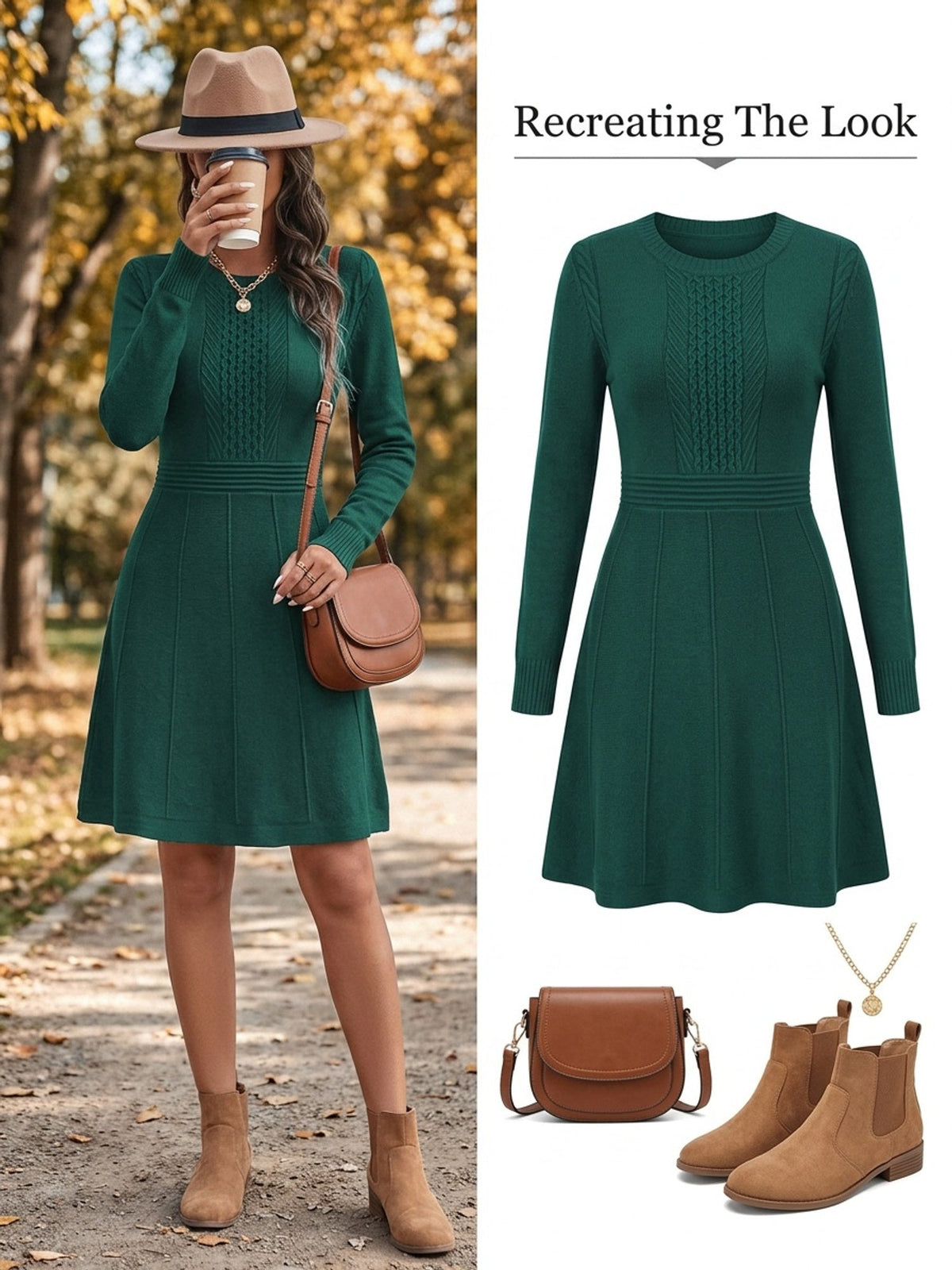 Women's A Line Sweater Dress with Fitted Waist | Cable and Ribbed Detail, Round Neck | Sizes S-2XL in Dark Green