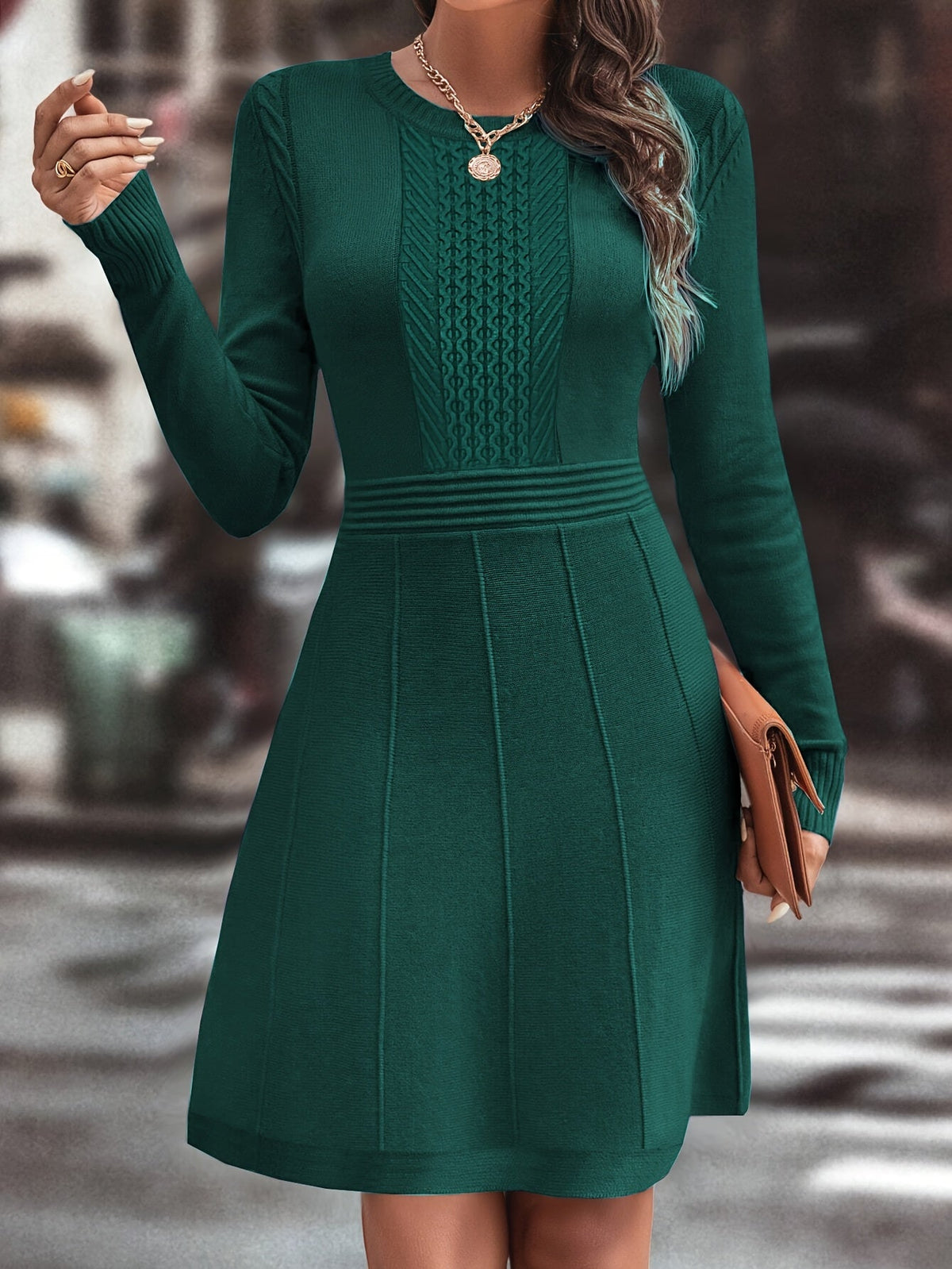 Women's A Line Sweater Dress with Fitted Waist | Cable and Ribbed Detail, Round Neck | Sizes S-2XL in Dark Green