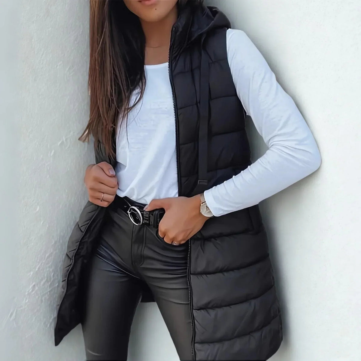 Women's Long Hooded Puffer Vest for Layering | Lightweight Sleeveless Design Weighing 495 g, Easy Care | Size S-5XL