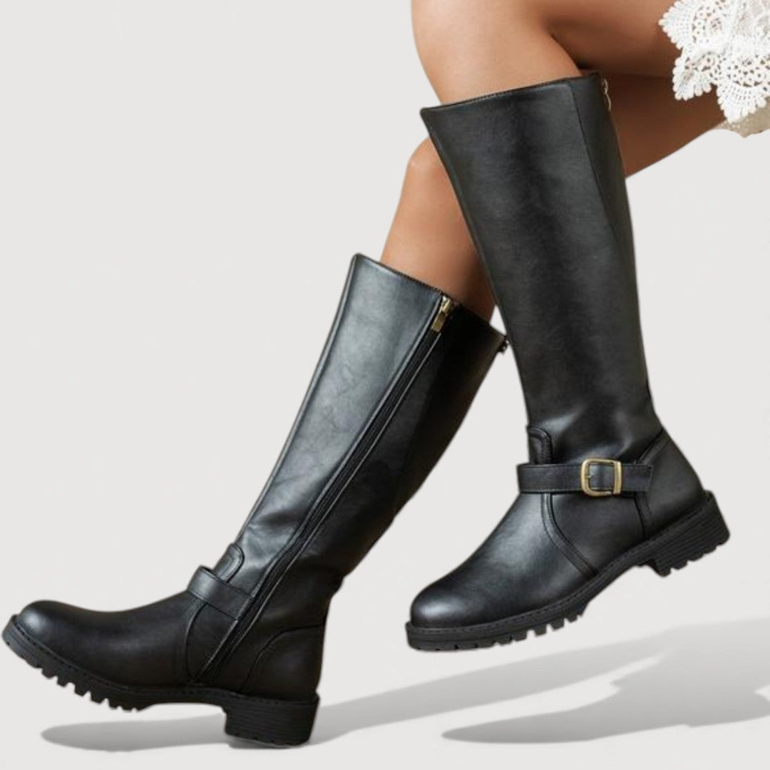 Women's Knee High Boots with an Ankle Buckle Strap | Round Toe, Flat Lug Sole, Full Side Zip | Sizes 3-9, 3 Colors