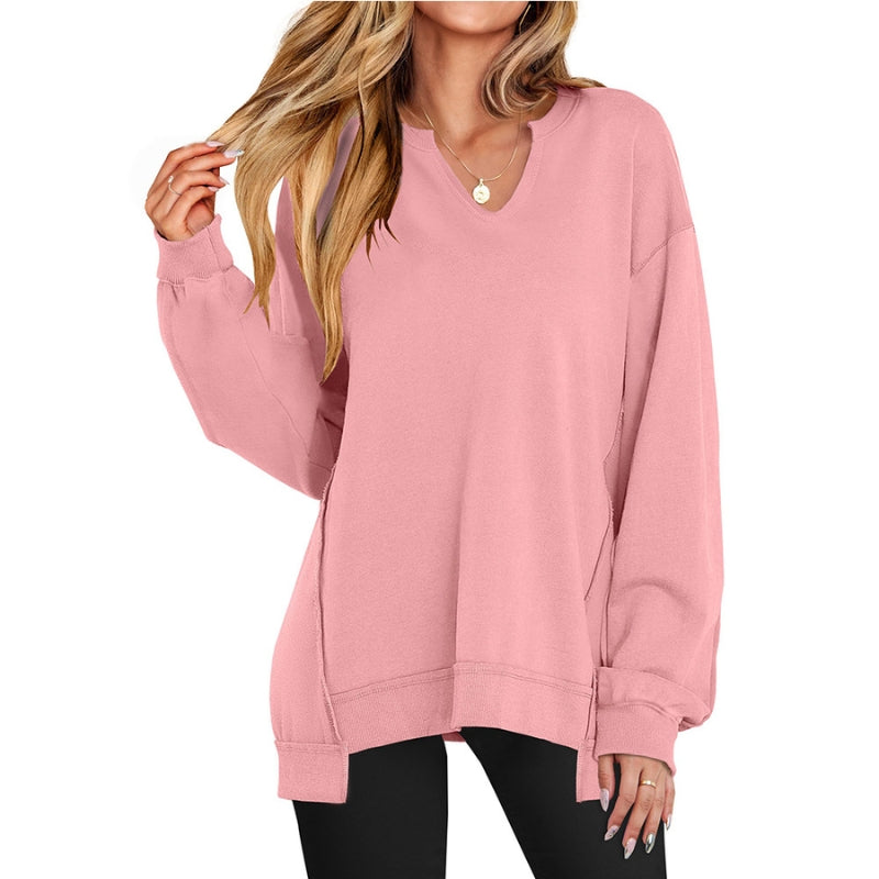 Women's Oversized V-Neck Sweatshirt Tunic | Long Sleeve Top with Ribbed Cuffs | Sizes S to 2XL | 3 Colors for Layering