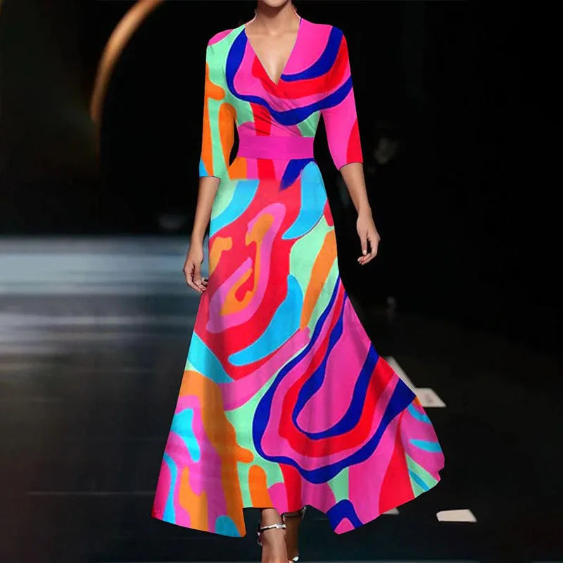 Floral Print A-Line Maxi Dress with V-Neckline