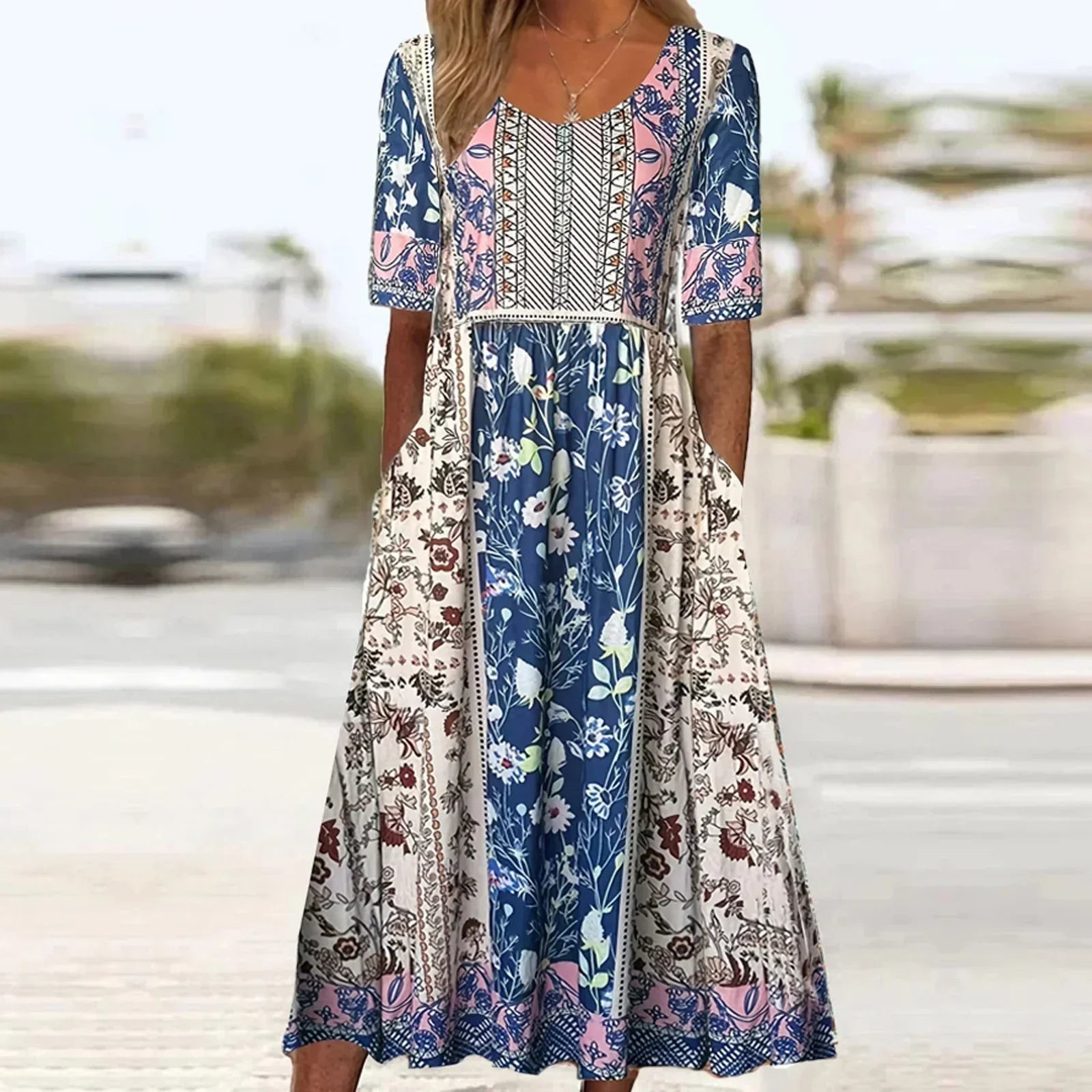 Peyton | Women's Boho Printed Square Neck Short Sleeve Midi Dress