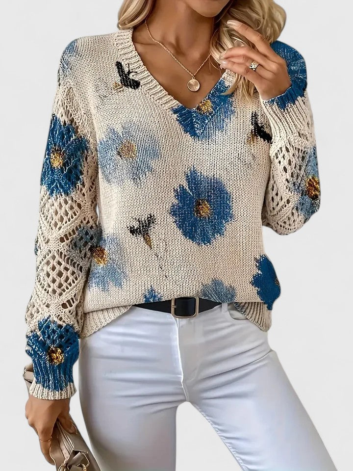 Women's Floral Knit Cardigan with V-Neck and Open Lattice Sleeves | Hip-Length Layering Sweater | Size S-2XL