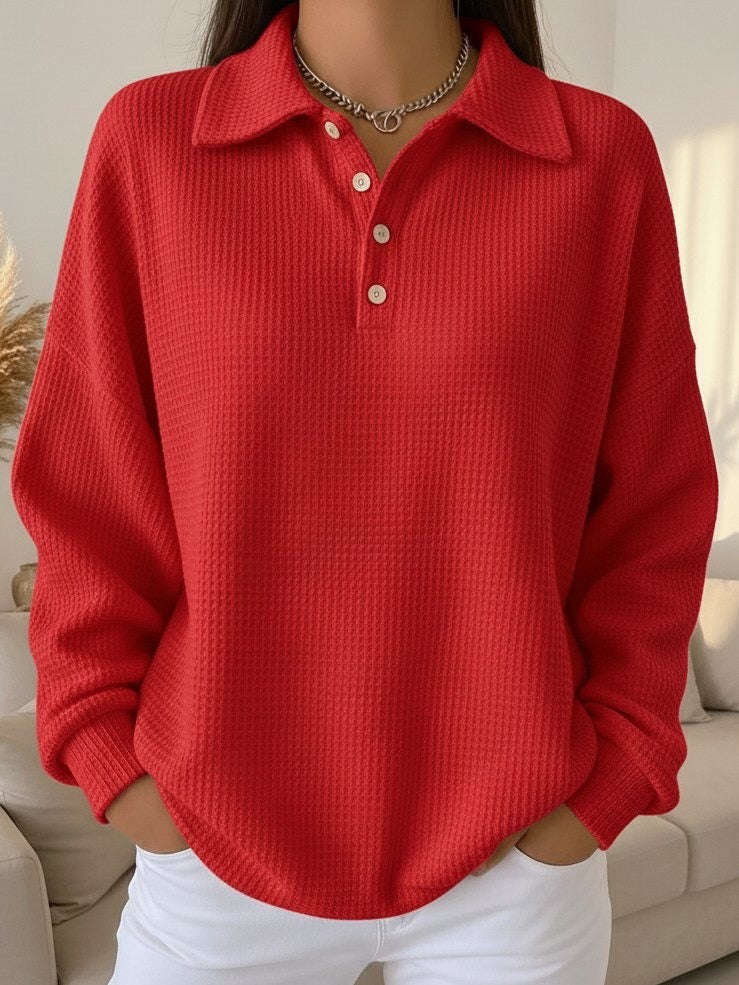 Women's Polo Collar Sweater | Textured Knit Pullover with a Soft Relaxed Fit for Work Days | Size S-3XL, 5 Colors