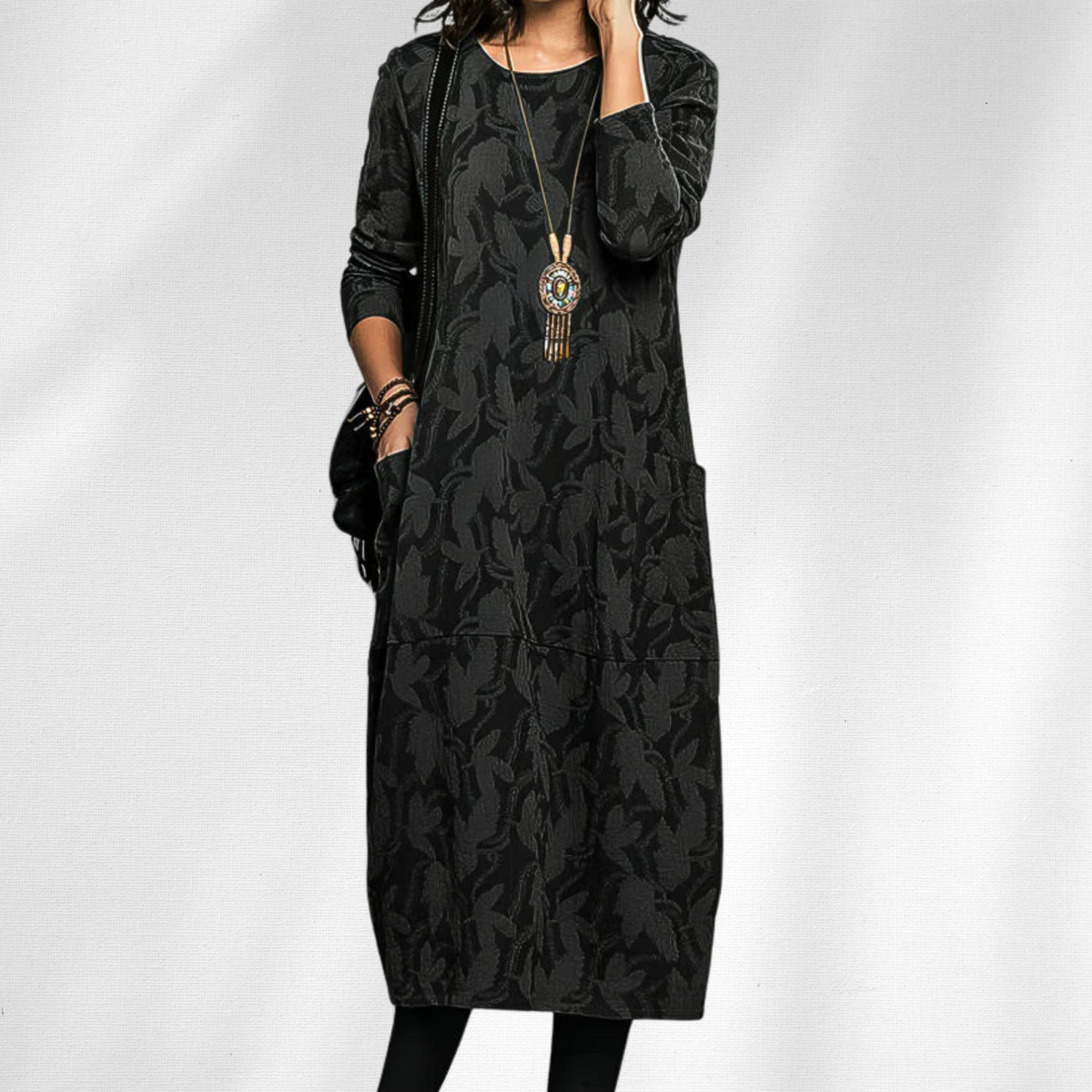 Women's Crewneck Winter Dress with Side Pockets | Relaxed Fit, Round Neckline, Floral Detailing | Sizes S-3XL