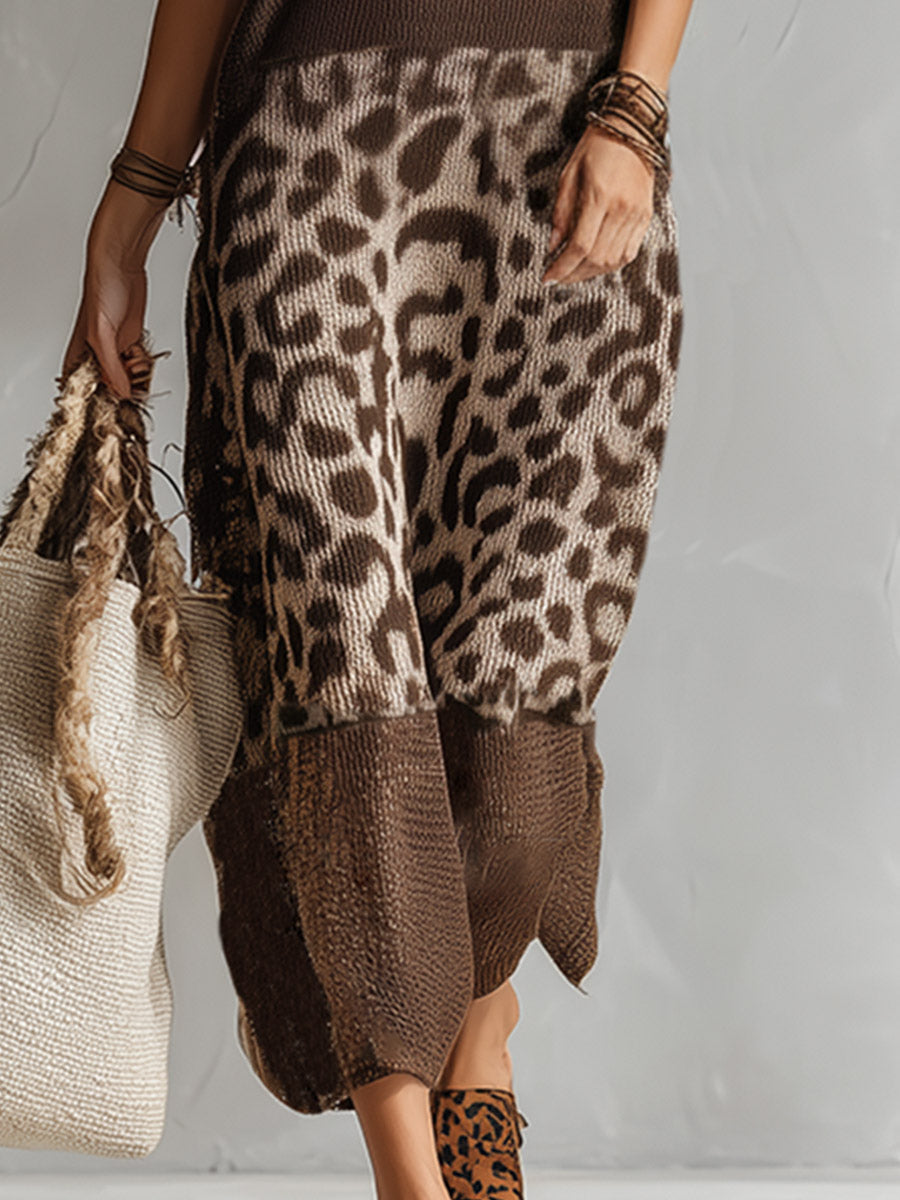 Women's Maxi Knit Dress with Leopard Print Skirt | Ribbed High Neck Bodice, Sleeveless | Sizes XS-2XL in Brown