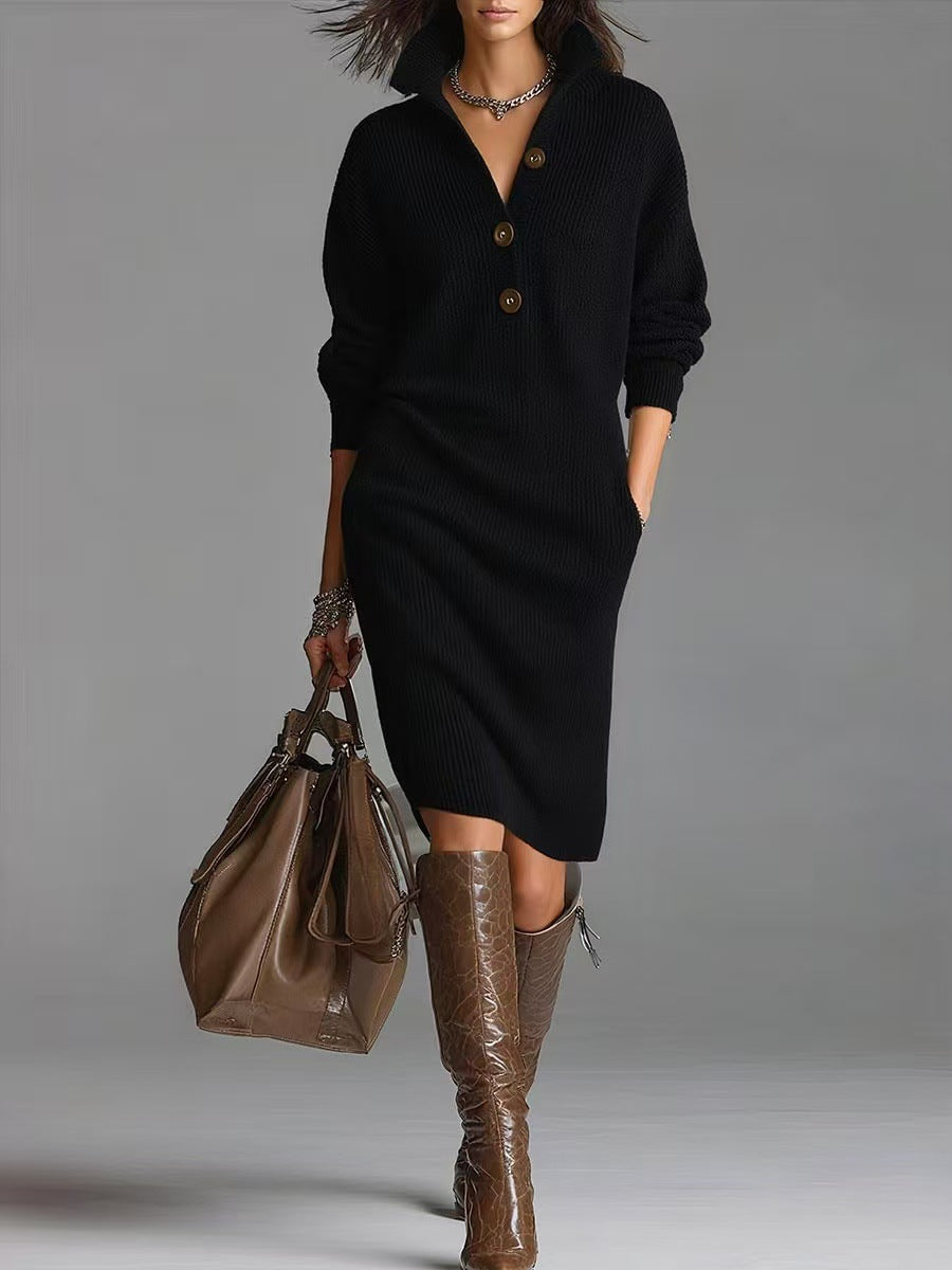 Women's Knit Sweater Dress with Collared Button Placket | Relaxed Drop Shoulder Shape, Below the Knee | Sizes S-3XL, 5 Colors