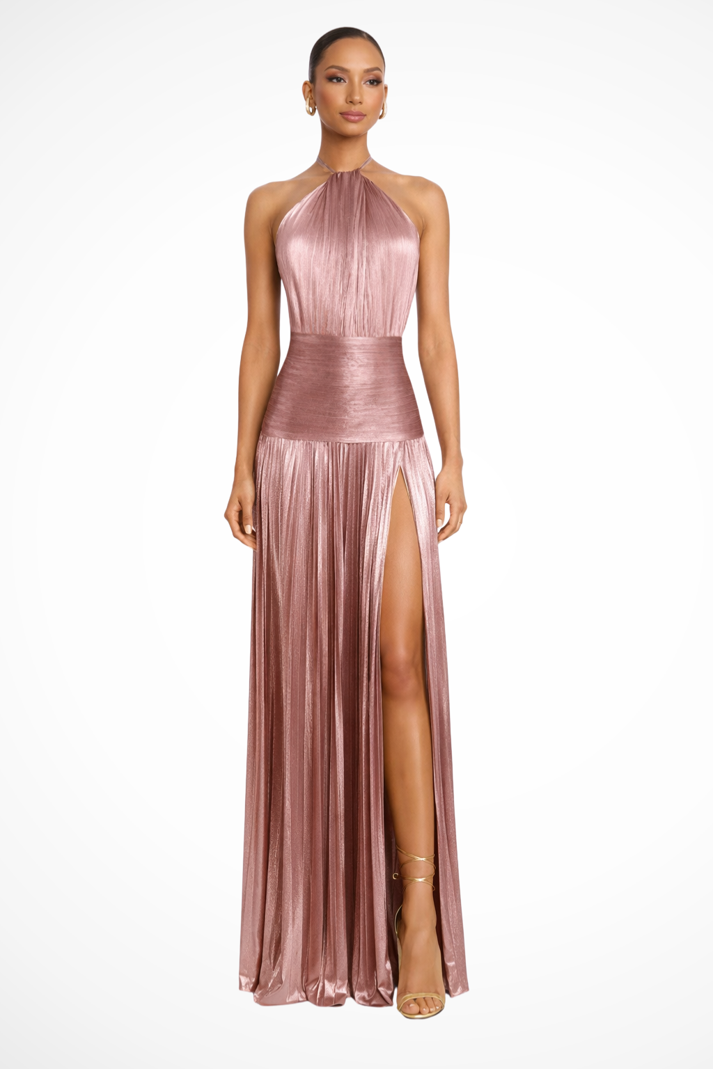 Women's Pleated Satin Maxi Dress with Halter Neck | Open Back, High Slit for Ceremonies | Sizes XS to 2XL, 5 Colors