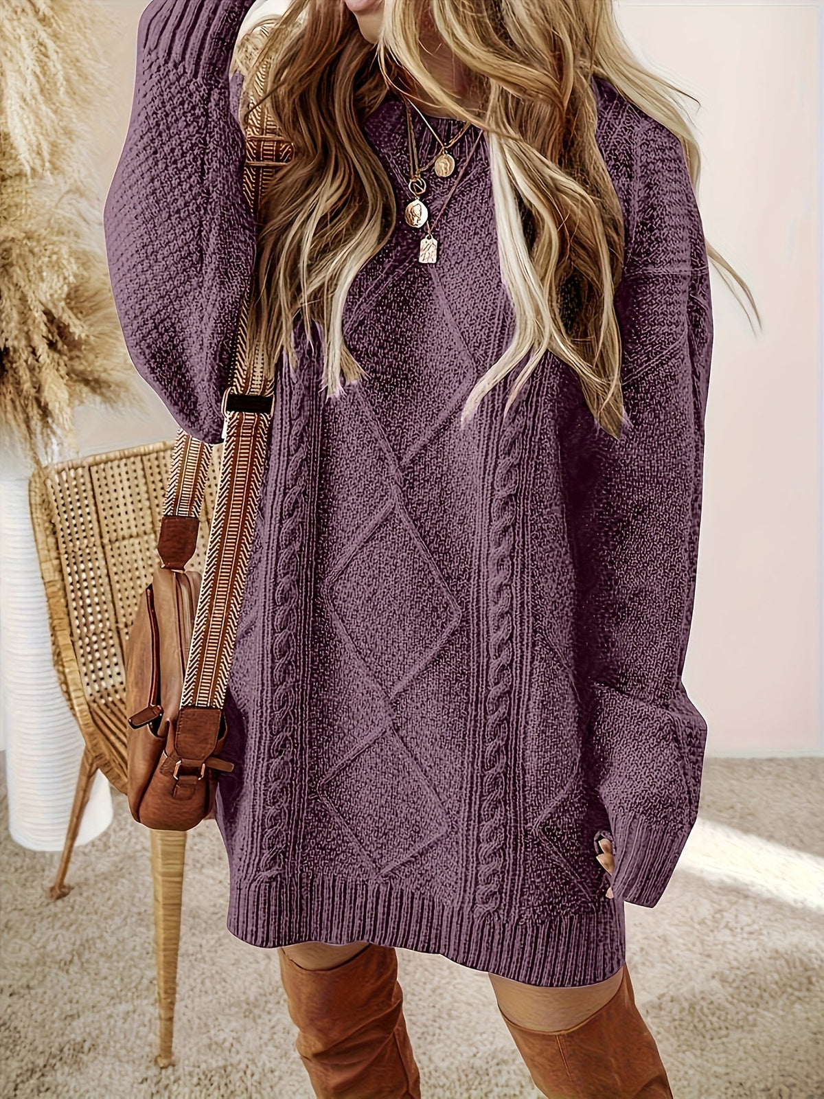 Women's Cable Knit Sweater Dress with Diamond Texture | Round Neck, Patch Pockets | Sizes S-2XL, 2 Colors
