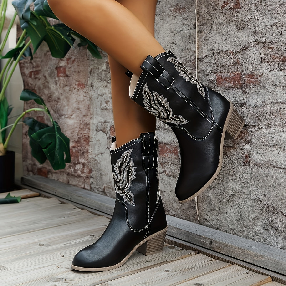 Women's Heeled Boots with Block Heel and Embroidery | Size 5.5-12 | Camel, Black, Beige