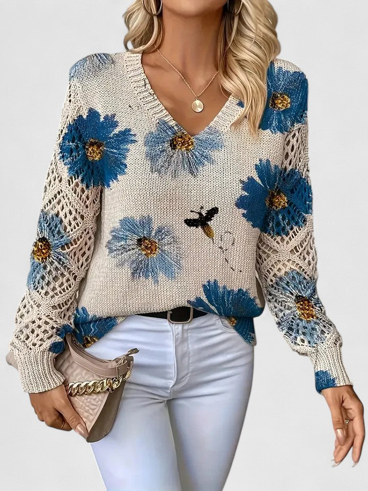 Women's Floral Knit Cardigan with V-Neck and Open Lattice Sleeves | Hip-Length Layering Sweater | Size S-2XL