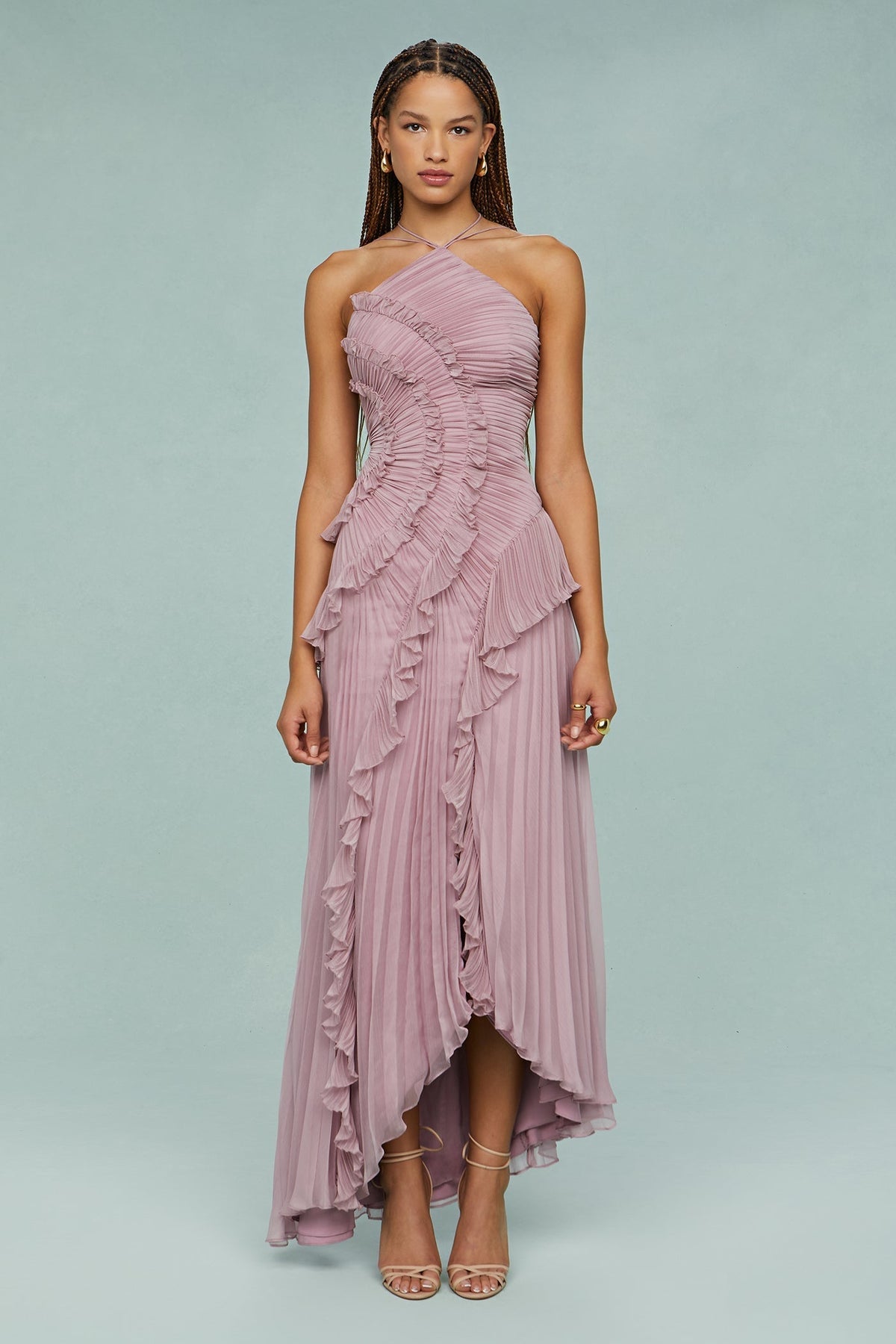Women's Halter Neck Wedding Guest Dress | Pleated Drape and a Flowing Skirt for Garden Receptions | Size XS-XL