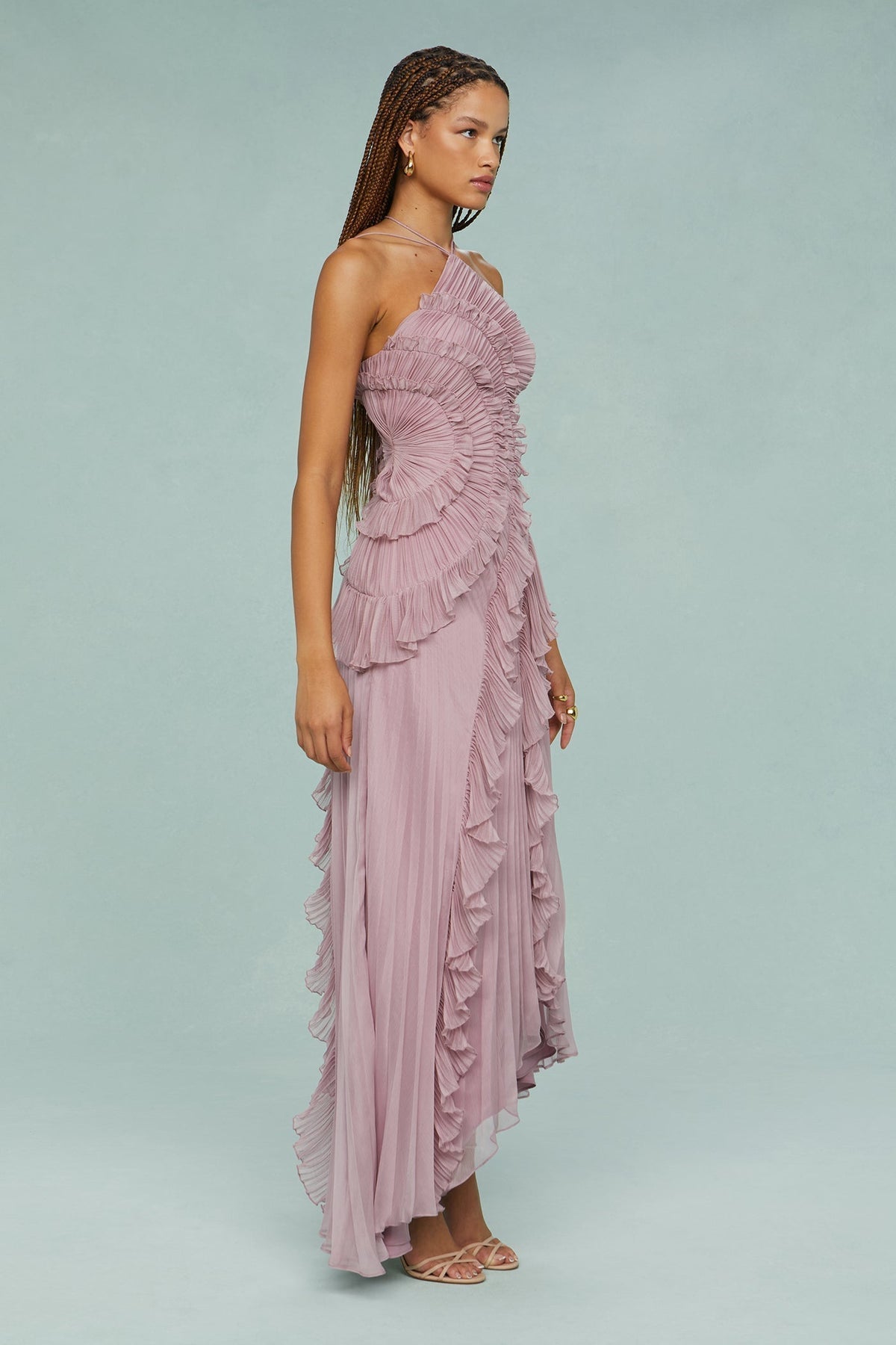 Women's Halter Neck Wedding Guest Dress | Pleated Drape and a Flowing Skirt for Garden Receptions | Size XS-XL