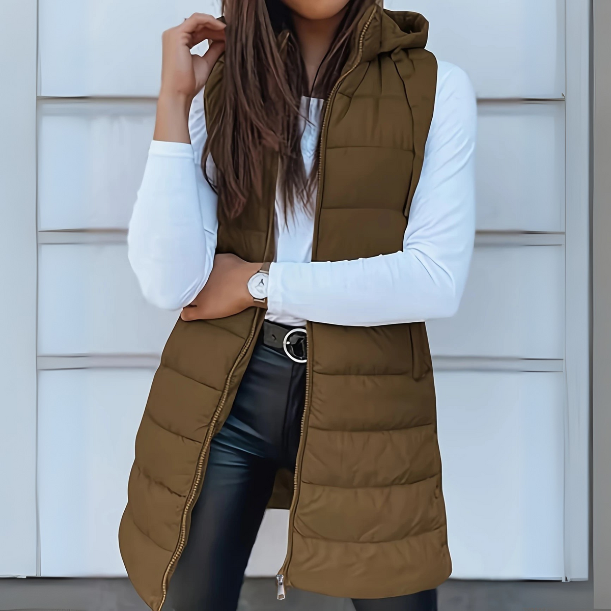 Women's Long Hooded Puffer Vest for Layering | Lightweight Sleeveless Design Weighing 495 g, Easy Care | Size S-5XL