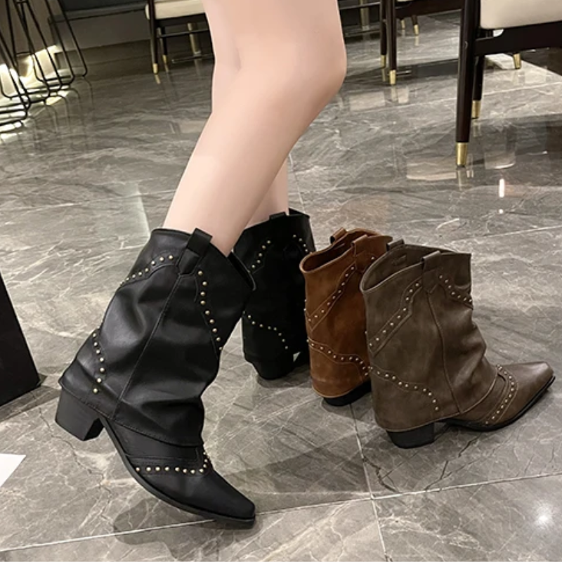 Women's Studded Western Boots with Metal Rivets | Medium Heel Cowgirl Style for Fall Nights | Size 5.5-9.5, 3 Colors