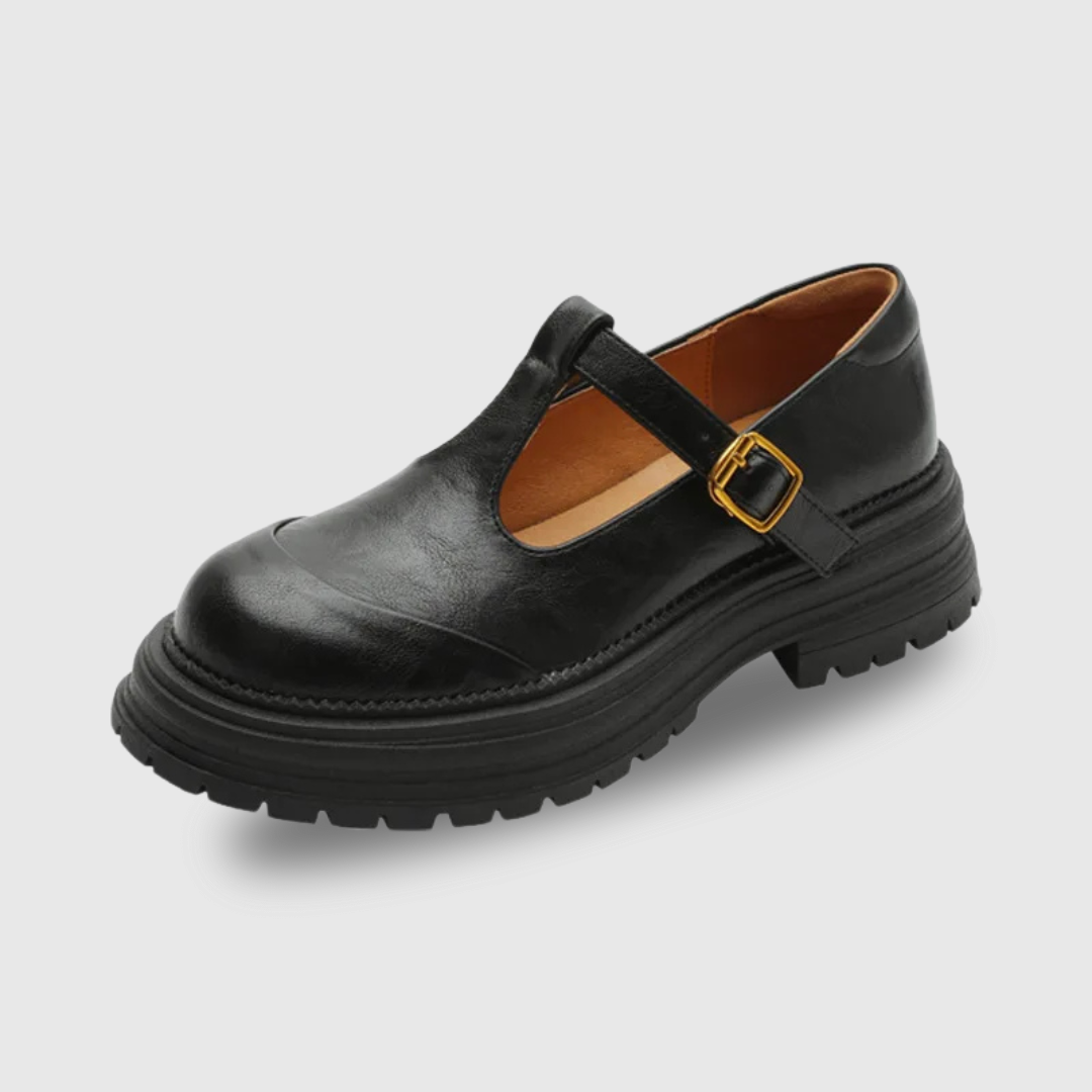 Women's T Strap Ballet Flats with an Adjustable Buckle | Round Toe with Brogue Perforations, Low Heel | Size 5-9.5, 2 Colors
