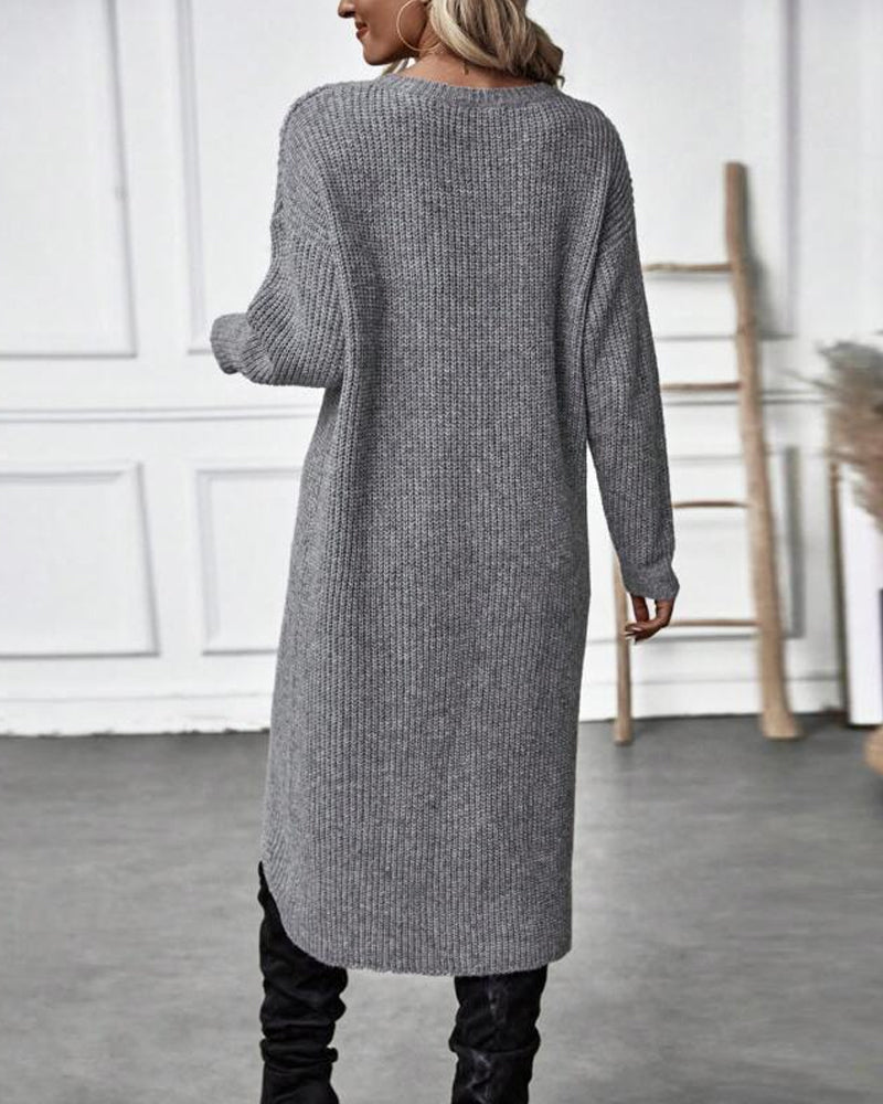 Women's Long Sleeve Sweater Dress with Crossover Split Hem | Ribbed Knit, Round Neck, Knee Length | Sizes S-XL, 4 Colors