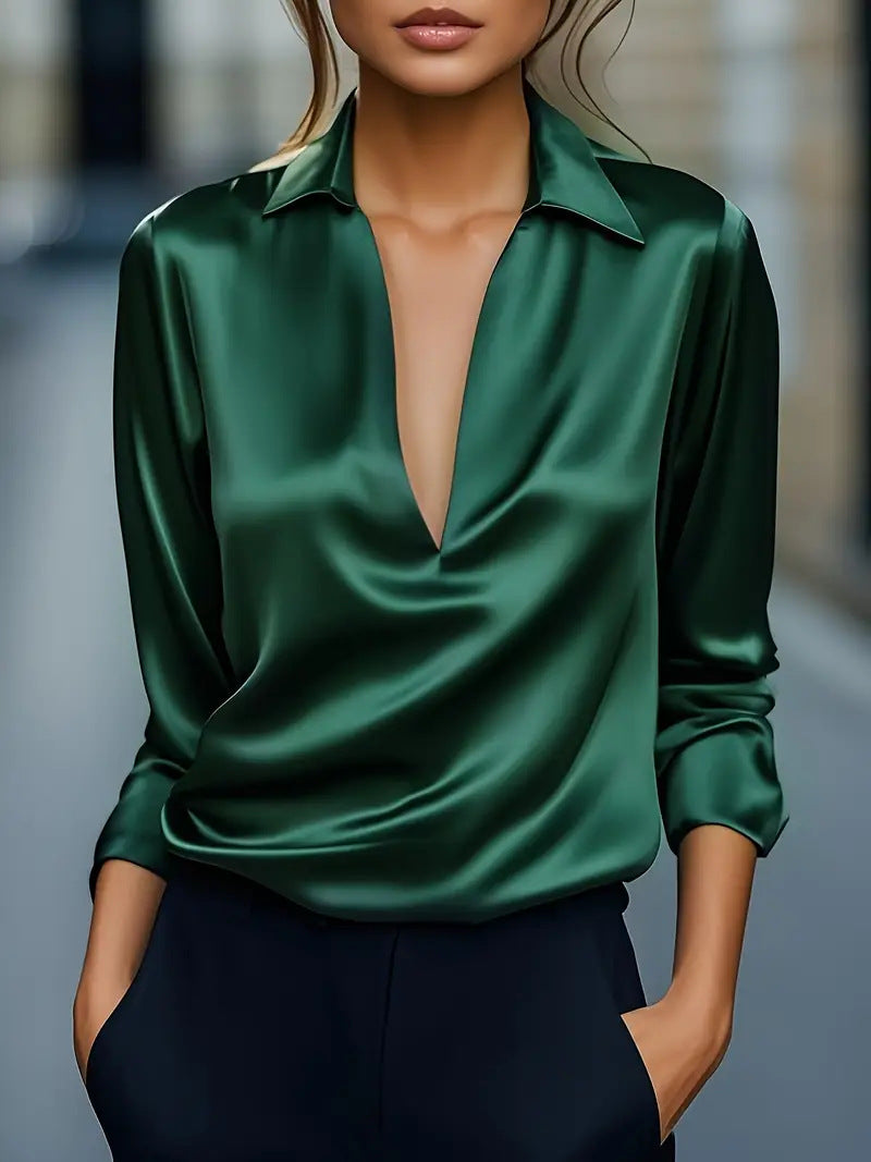 Women's Satin-Look V Neck Blouse with Draped Front | Long Sleeves, Lightly Fitted Cut | Sizes S to 2XL, 6 Colors