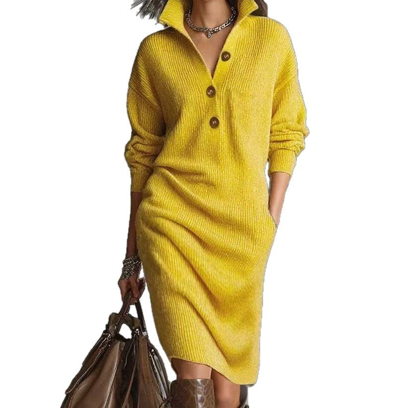 Women's Knit Sweater Dress with Collared Button Placket | Relaxed Drop Shoulder Shape, Below the Knee | Sizes S-3XL, 5 Colors