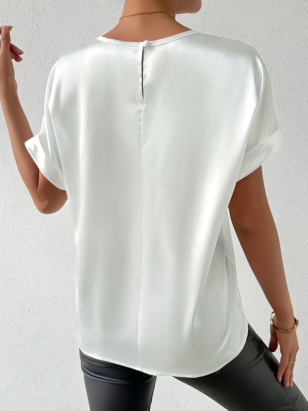 Women's Short Sleeve Blouse in Satin-Finish Cotton Blend | Crew Neck, Button Back | Sizes XS to 3XL, 4 Colors