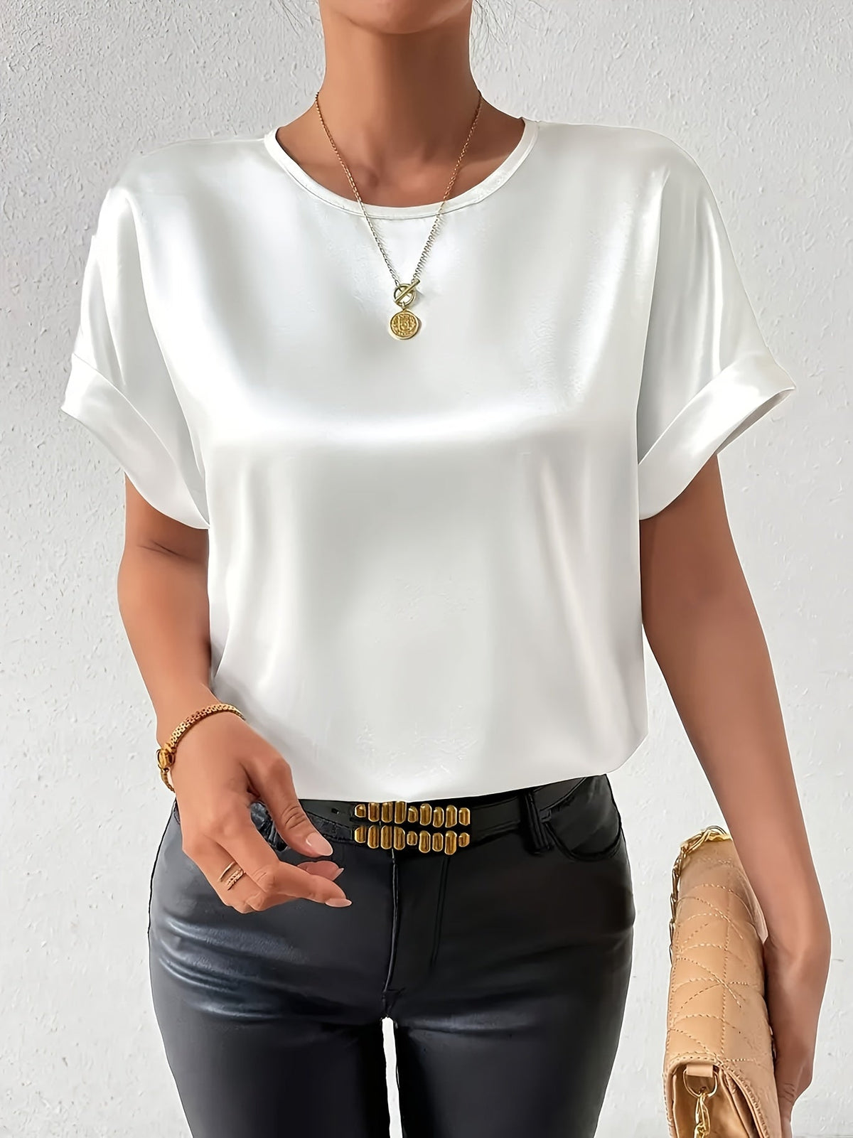 Women's Short Sleeve Blouse in Satin-Finish Cotton Blend | Crew Neck, Button Back | Sizes XS to 3XL, 4 Colors