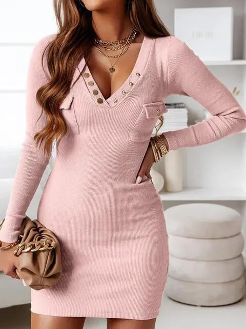Women's V Neck Sweater Dress with Gold Buttons | Ribbed Bodycon Knit, Chest Flap Pockets | Sizes S-2XL, 4 Colors
