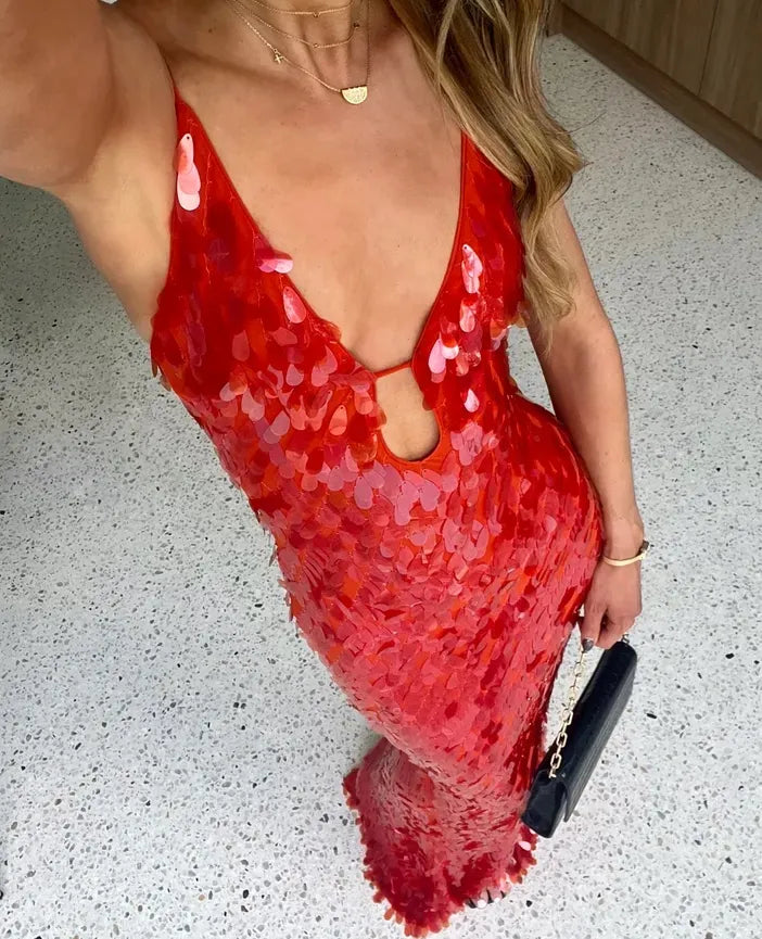 Women's Red Sequin Evening Dress with an Open Back | Light Fabric in a Fitted, Fluid Line | Size S-L