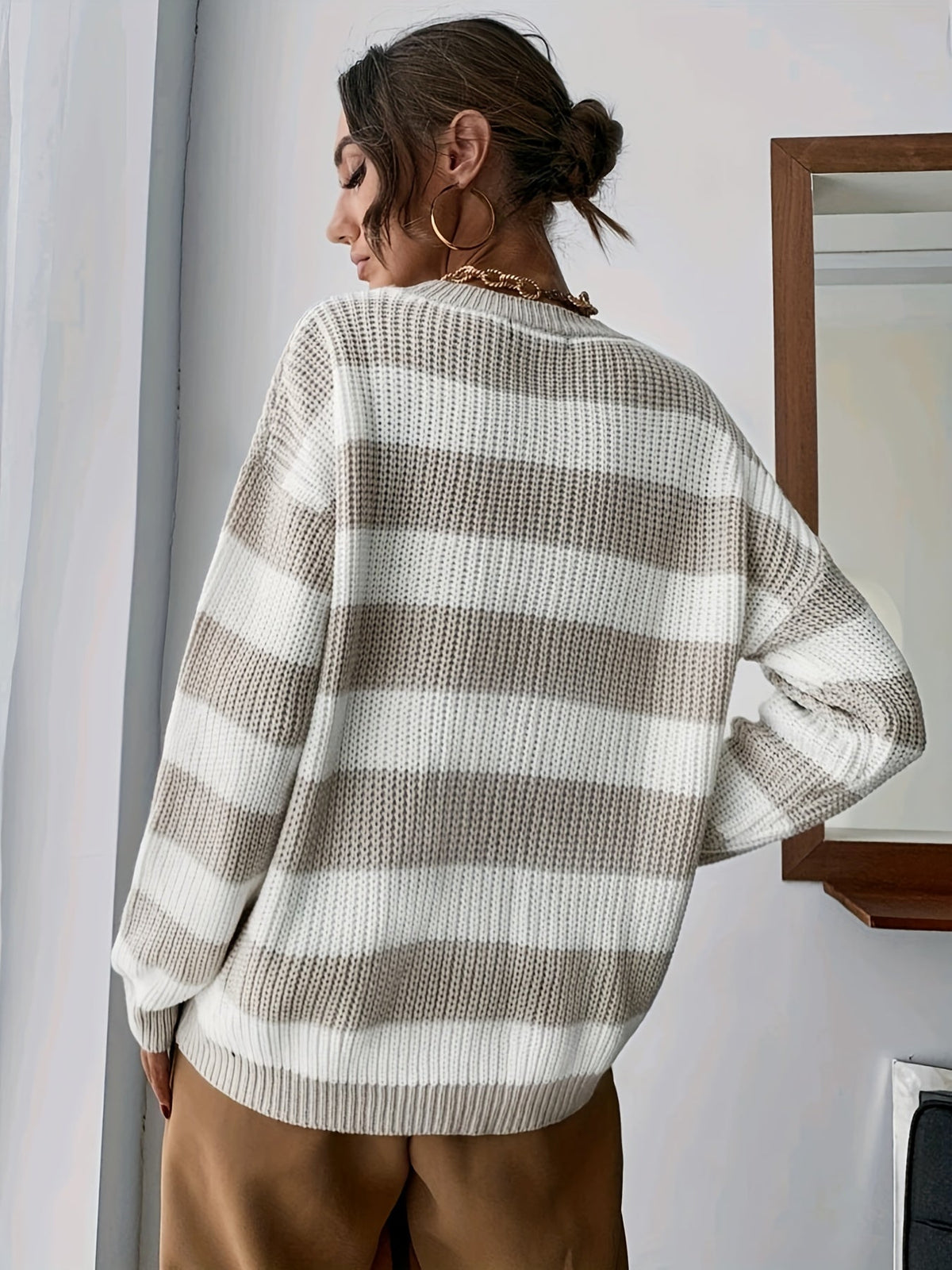 Women's Beige and White Striped Pullover Sweater | Soft, Warm Layer for Fall and Winter Cold Weather Days | Size S-L
