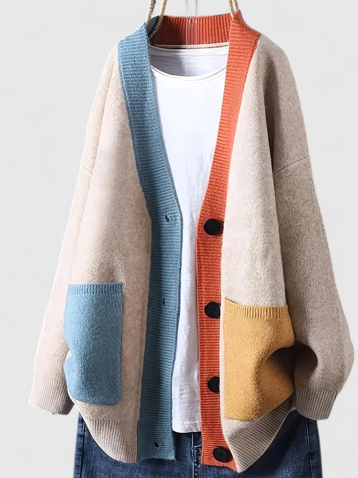 Women's Oversized Cardigan with Contrast Trim and Patch Pockets | Lightweight Button-Up Sweater | Size XL-6XL