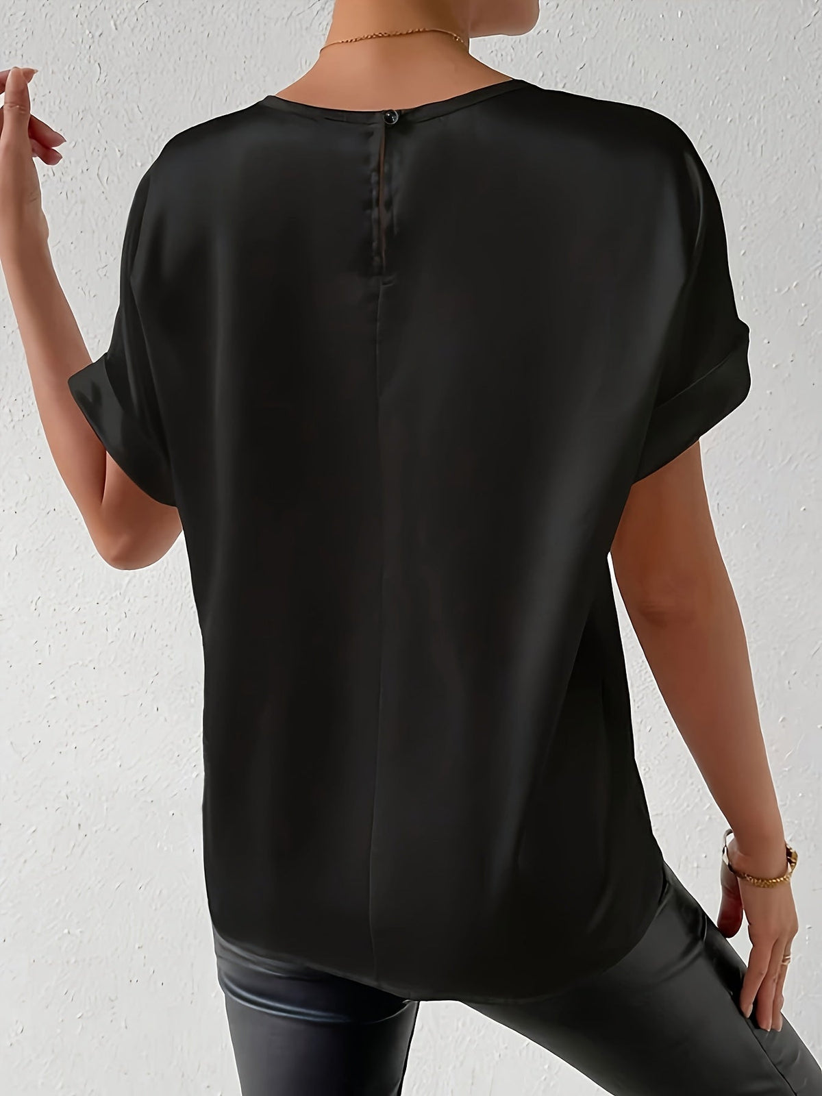 Women's Short Sleeve Blouse in Satin-Finish Cotton Blend | Crew Neck, Button Back | Sizes XS to 3XL, 4 Colors