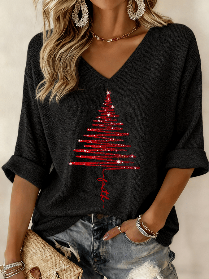 Women's Christmas Tree Print Top | Holiday Blouses for Women with a Relaxed Fit and Light Fabric | Size S-5XL, 4 Colors