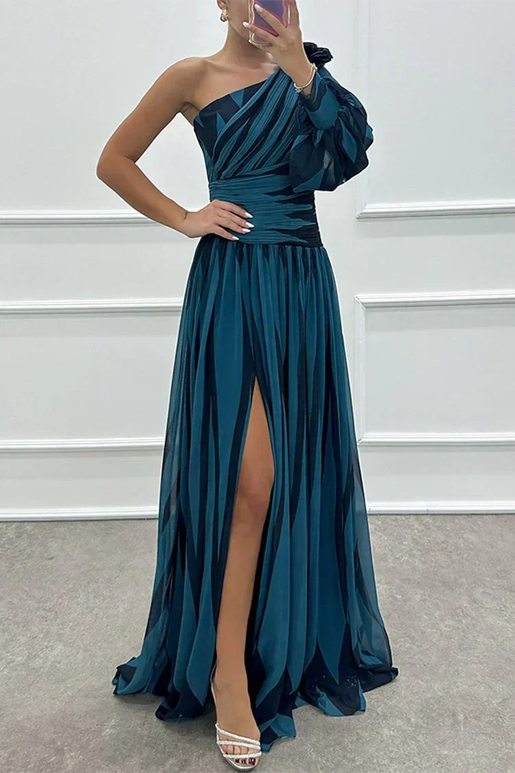 Women's Striped One Shoulder Maxi Dress | Pleated Skirt with a Front Slit and Fitted Waist | Size S-XL, 4 Colors