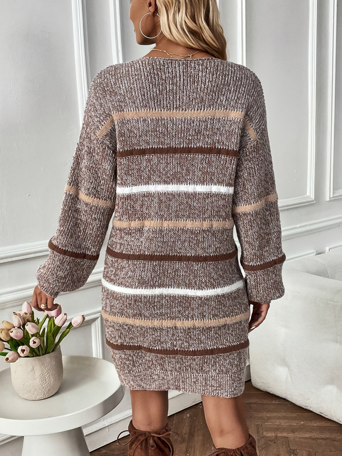 Women's Brown Sweater Dress with Cream Stripes | Drop Shoulder Knit, Round Neck, Above the Knee | Sizes S-2XL