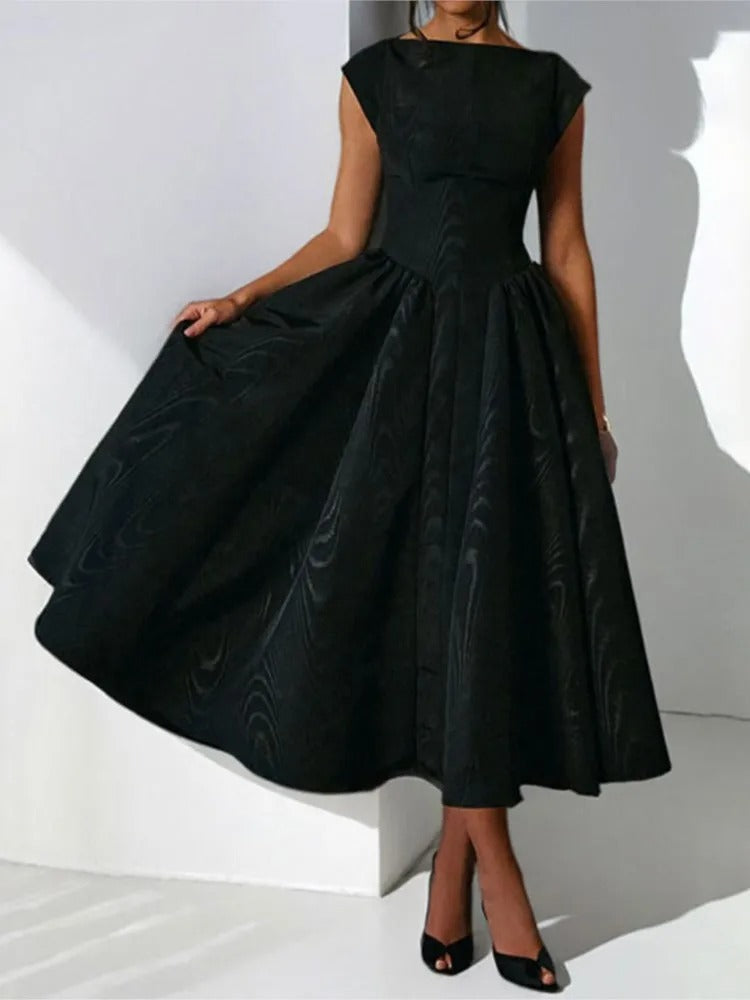 Women's Satin Midi Dress with Bateau Neck and Cap Sleeves | Open Back, Pockets | Sizes XS to XL, 4 Colors