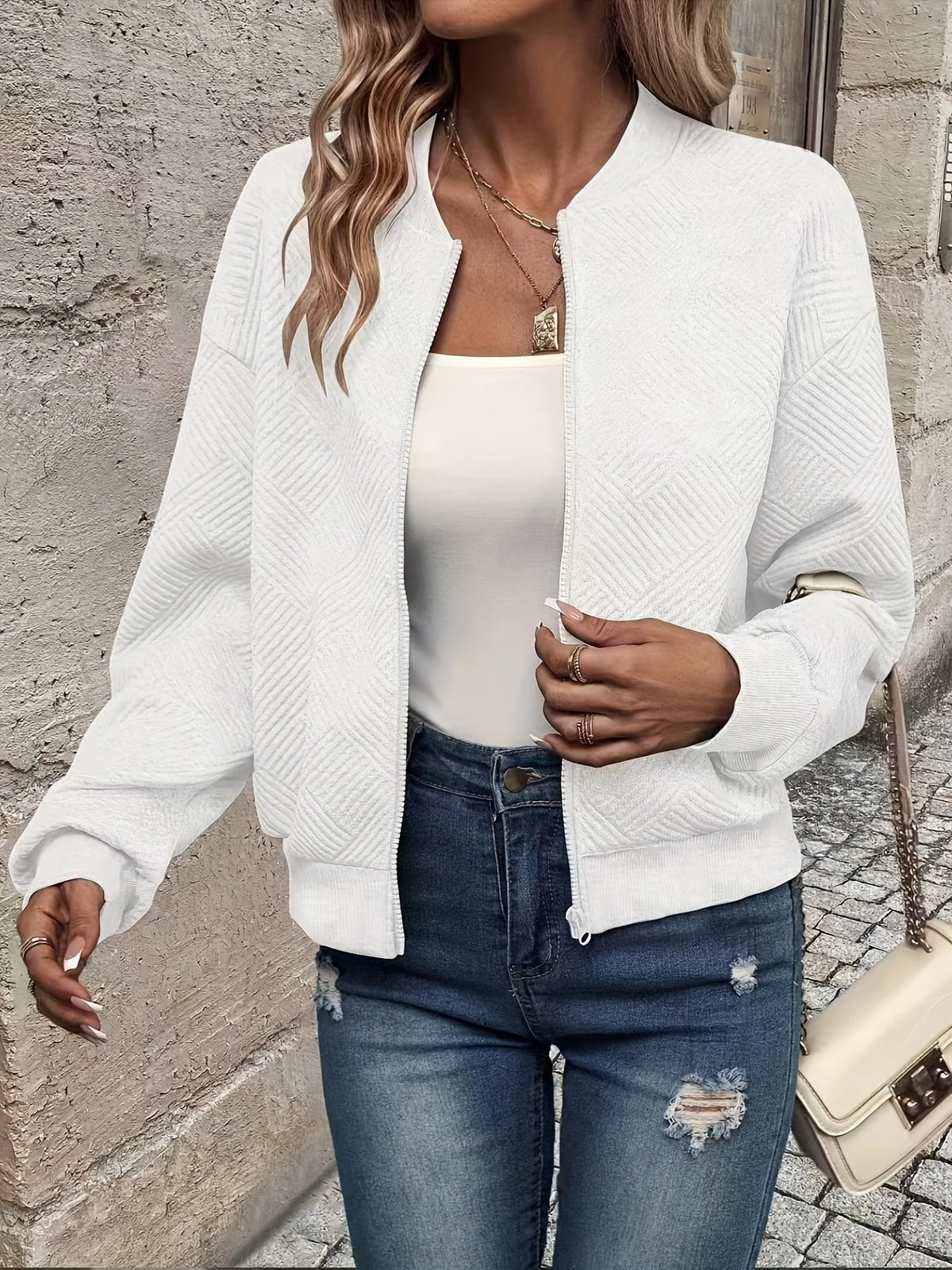 Women's Lightweight Zip-Up Jacket with Stand Collar | Waist Length, Stretch Polyester, Wrinkle Resistant | Size S-2XL