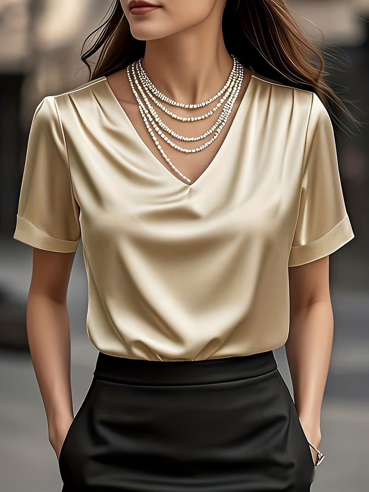 Women's Satin Blouse with V Neck and Short Sleeves | Relaxed Drape, Smooth Seams | Sizes XS to 3XL, 4 Colors