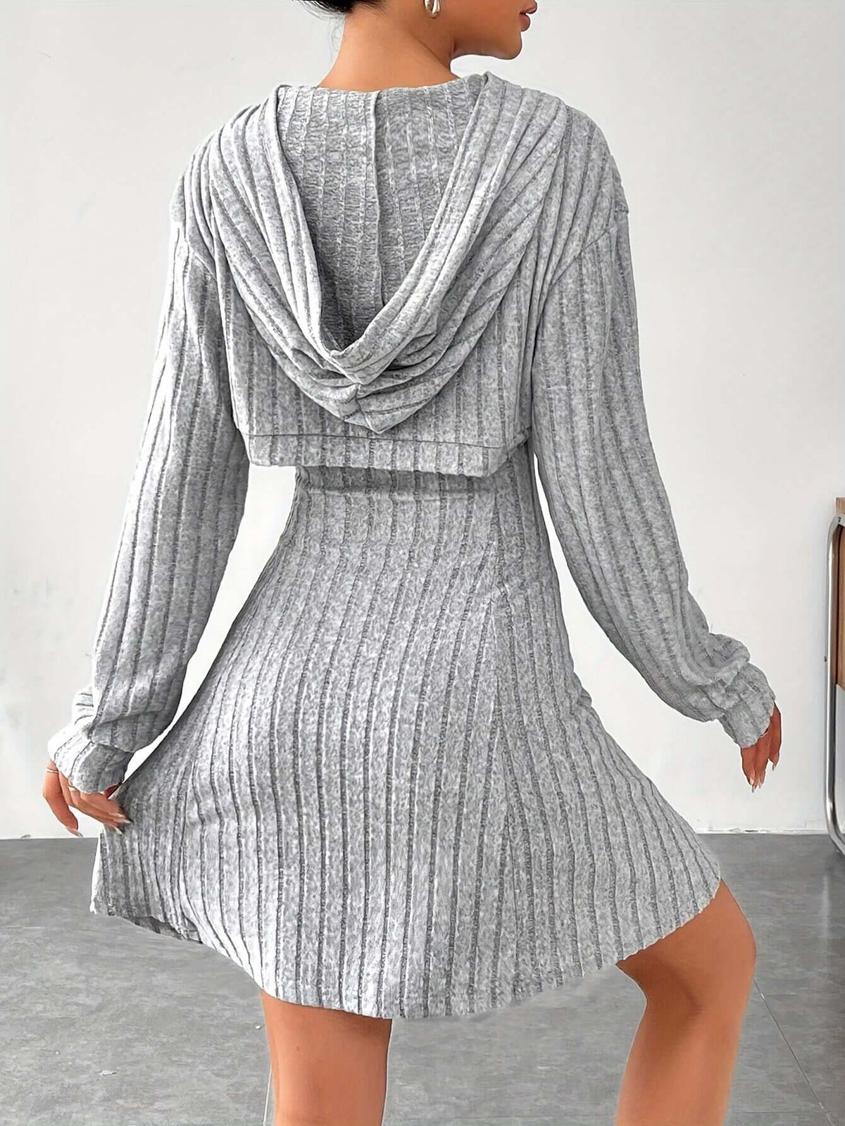 Women's Mini Knit Dress with Chest Cutout and Hood | Ribbed Texture, Long Sleeves, Flared Skirt | Sizes S-L, 6 Colors