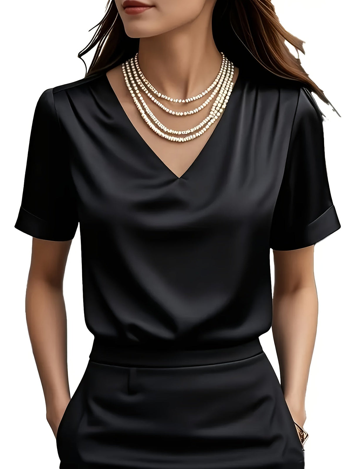 Women's Satin Blouse with V Neck and Short Sleeves | Relaxed Drape, Smooth Seams | Sizes XS to 3XL, 4 Colors