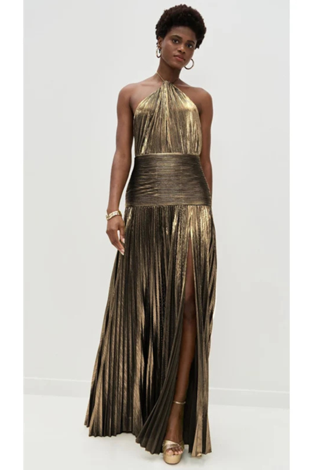 Women's Pleated Satin Maxi Dress with Halter Neck | Open Back, High Slit for Ceremonies | Sizes XS to 2XL, 5 Colors